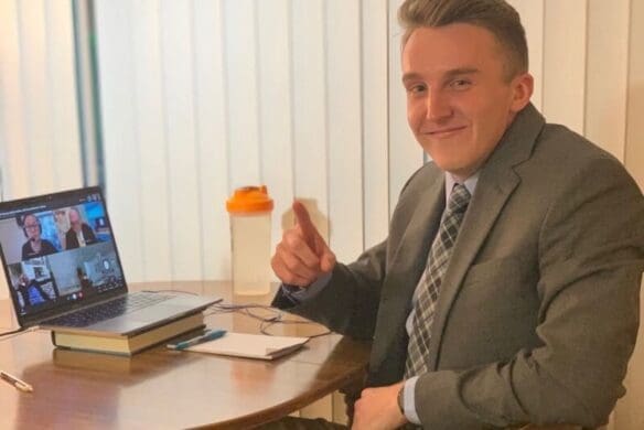 Ty Schadt ’20 on a videoconference call