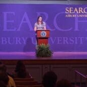 Dr. Jessica Hooten Wilson delivering a lecture