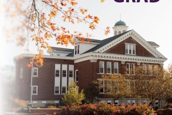 +Grad graphic overlaying a photo of Hager Administration Building