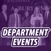Asbury University graphic with department events writing.