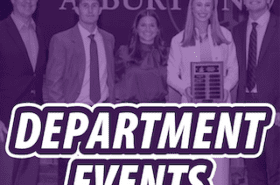 Asbury University graphic with department events writing.