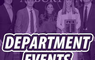 Asbury University graphic with department events writing.