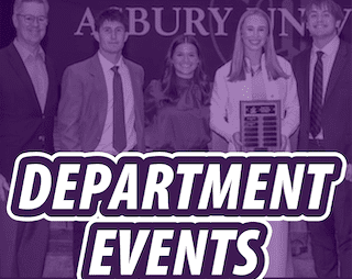 Asbury University graphic with department events writing.