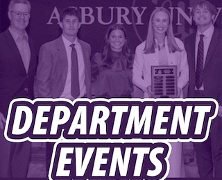 Asbury University graphic with department events writing.