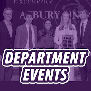 Asbury University graphic with department events writing.
