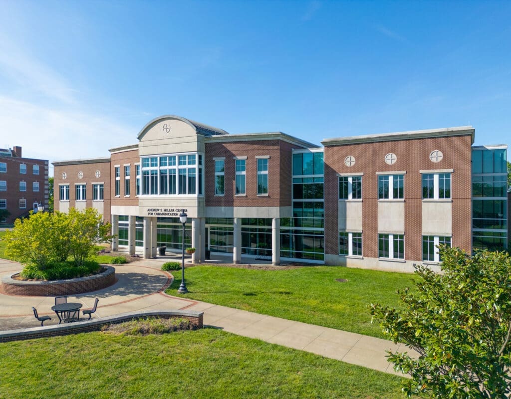 Front entrance of the Miller Center for Communication Arts at Asbury University, named n honor of alumnus and former Board of Trustees member Andrew S. Miller.