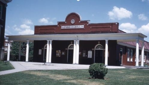 Front entrance of Asbury’s original 1920 brick Dining Hall with white trim, used until its demolition in 1964.