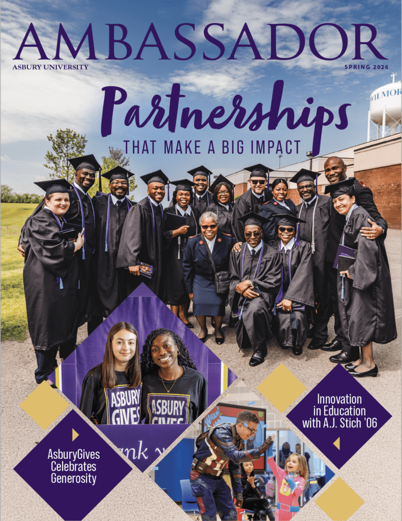 Asbury University's Ambassador cover for Spring 2026 titled partnerships featuring a group of graduates standing outside with blue skies.