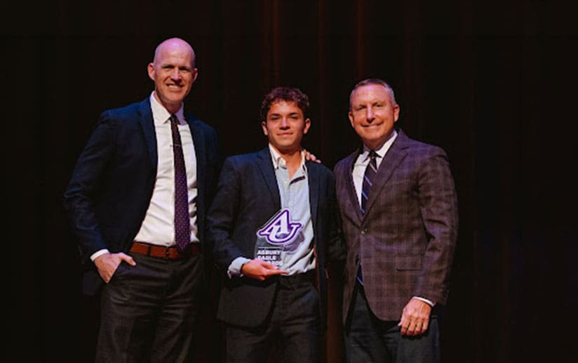 Kevin Brown and Mark Whitworth with student winner at Asbury's 2026 Eagle Awards.
