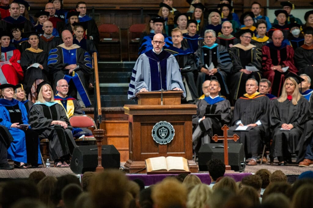 President Dr. Kevin Brown speaks during Asbury University's Academic Convocation Chapel