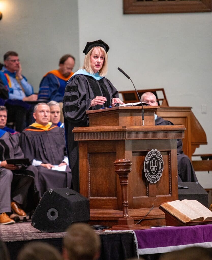 Provost Dr. Sherry Powers speaks during Asbury University's Academic Convocation Chapel