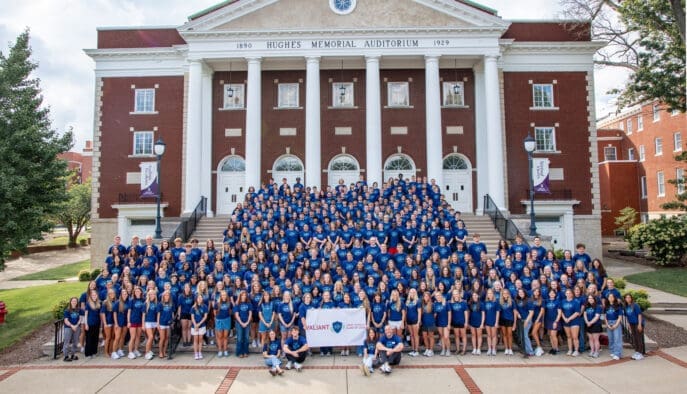 Asbury University 2026 Valiant Class on the steps of Hughes Auditorium