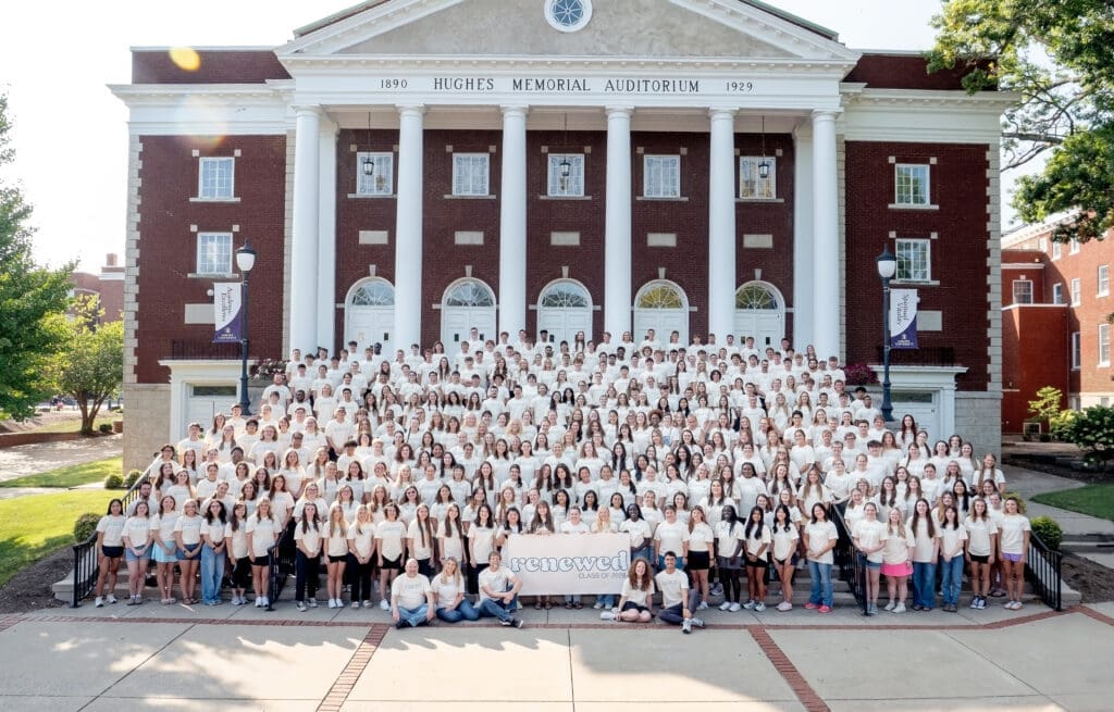 Freshmen class photo on the steps of Hughes Auditorium.