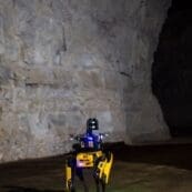 A four-legged robot walking through a cave