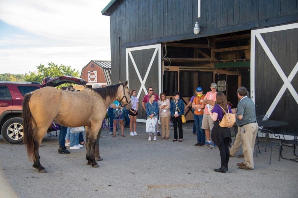 People on a campus tour at the Equine Center