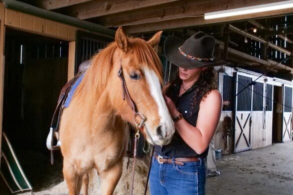 Student working with a horse in the stables