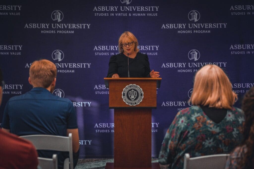 Dr. Karen Swallow Prior delivering a lecture