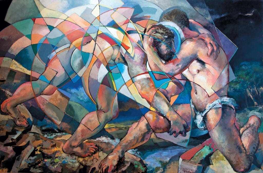 Colorful painting of Jacob wrestling with an angel