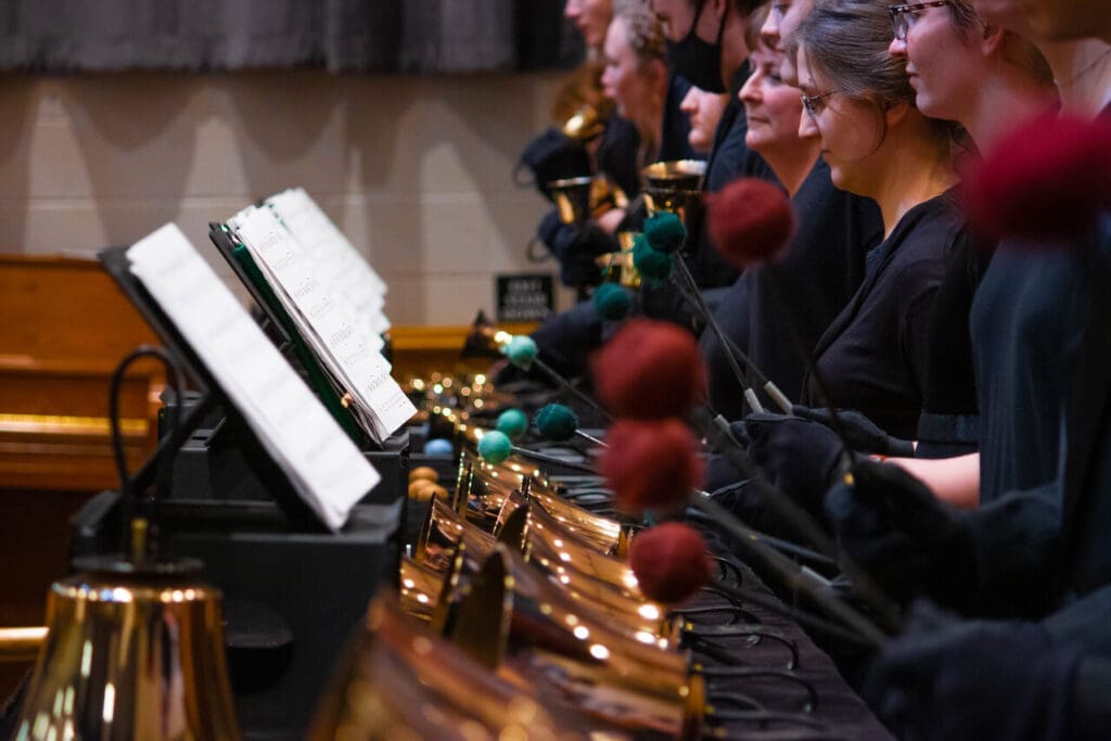 Asbury handbell choir positioned and ready to start the concert.