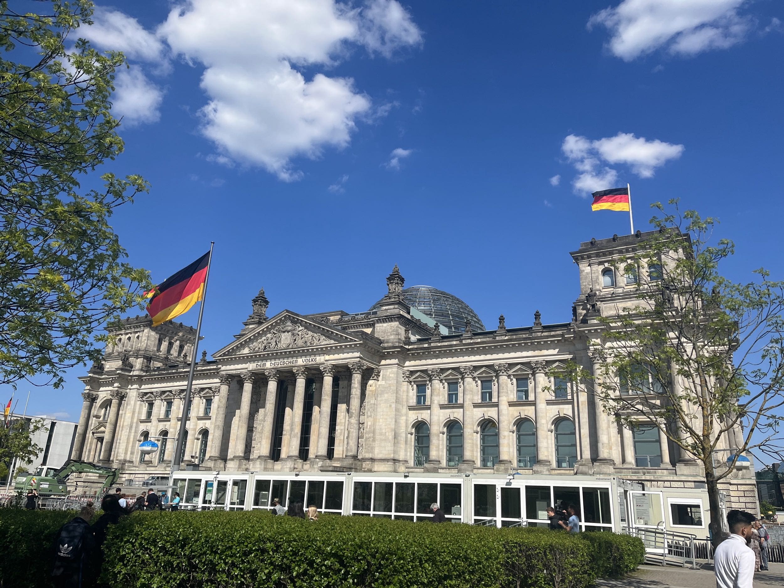 Exterior government building in Germany with German flags