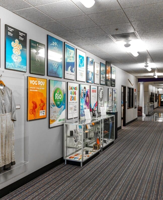 Hallway in the Miller building with movie and film props and posters on the wall