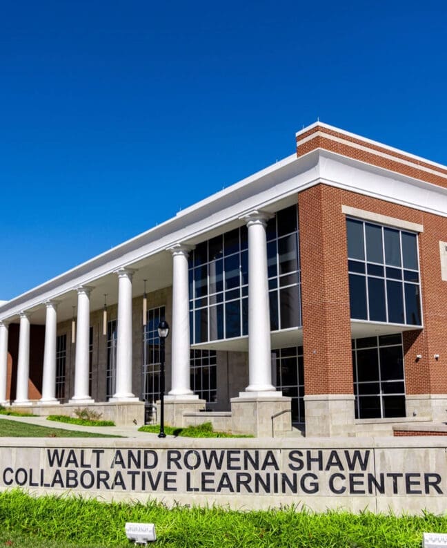 Exterior photo of Asbury's Shaw Center sign and building.