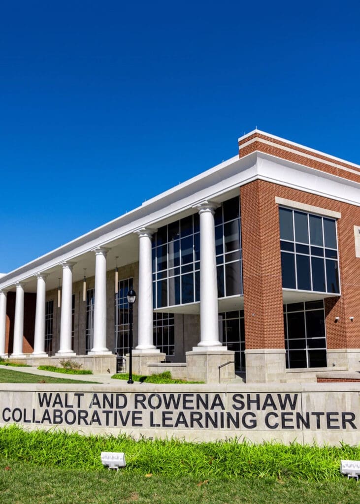 Exterior photo of Asbury's Shaw Center sign and building.