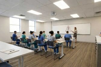 Architect Rendering of collaborative nursing classrooms equipped with advanced technology.