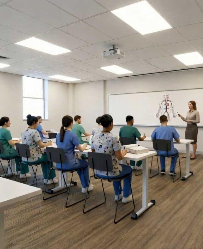 Architect Rendering of collaborative nursing classrooms equipped with advanced technology.