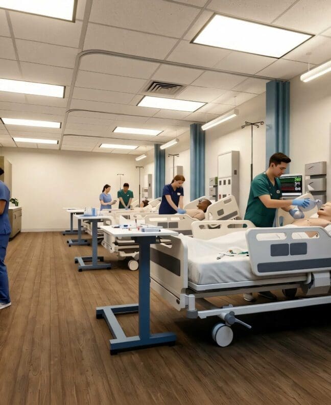 Architect Rendering of a high-tech nursing simulation lab where real-world scenarios build confidence, skill, and compassionate care.